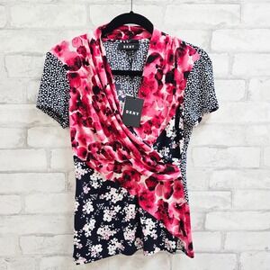 NWT DKNY Womens Mixed Print Wrap Front Draped Top Pink Navy Floral Polka Dot XS